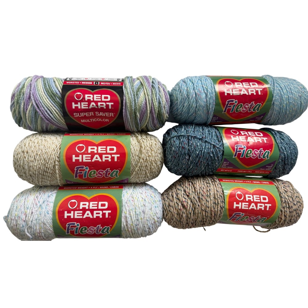 Red Heart Super Saver Fiesta Yarn Lot 6 Skeins Blue Buff Wheat Watercolor White